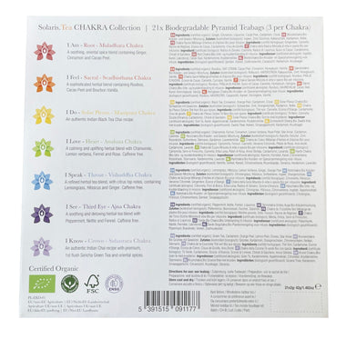 Quadratische Karte mit Informationen zu den Chakra Tees i am, i feel, i do, i love, i speak, i see und i know und den Zutaten der einzelnen Tees