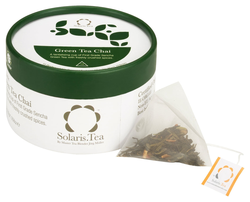 BIO Green Tea Chai Zylinder 15x2g biologisch abbaubare Pyramiden-Teebeutel