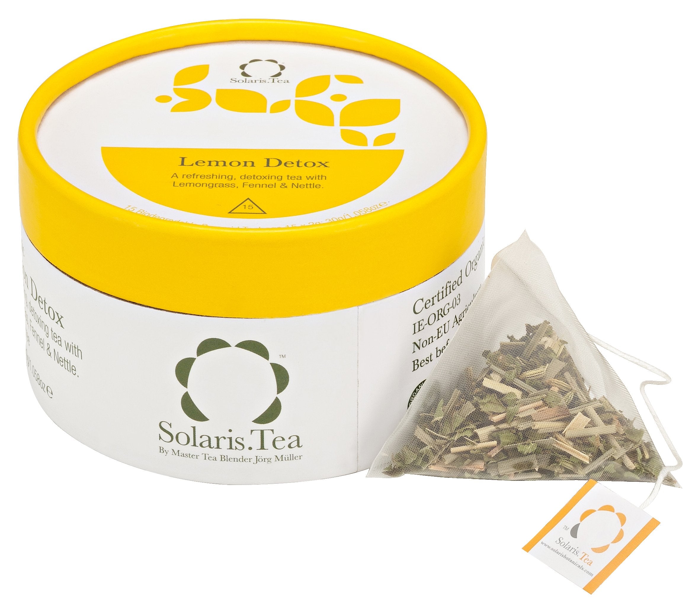 runde Solaris Lemon Harmony Dose, Pyramidenteebeutel daneben