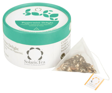 runde Solaris Peppermint Delight Teedose, Pyramidenteebeutel daneben